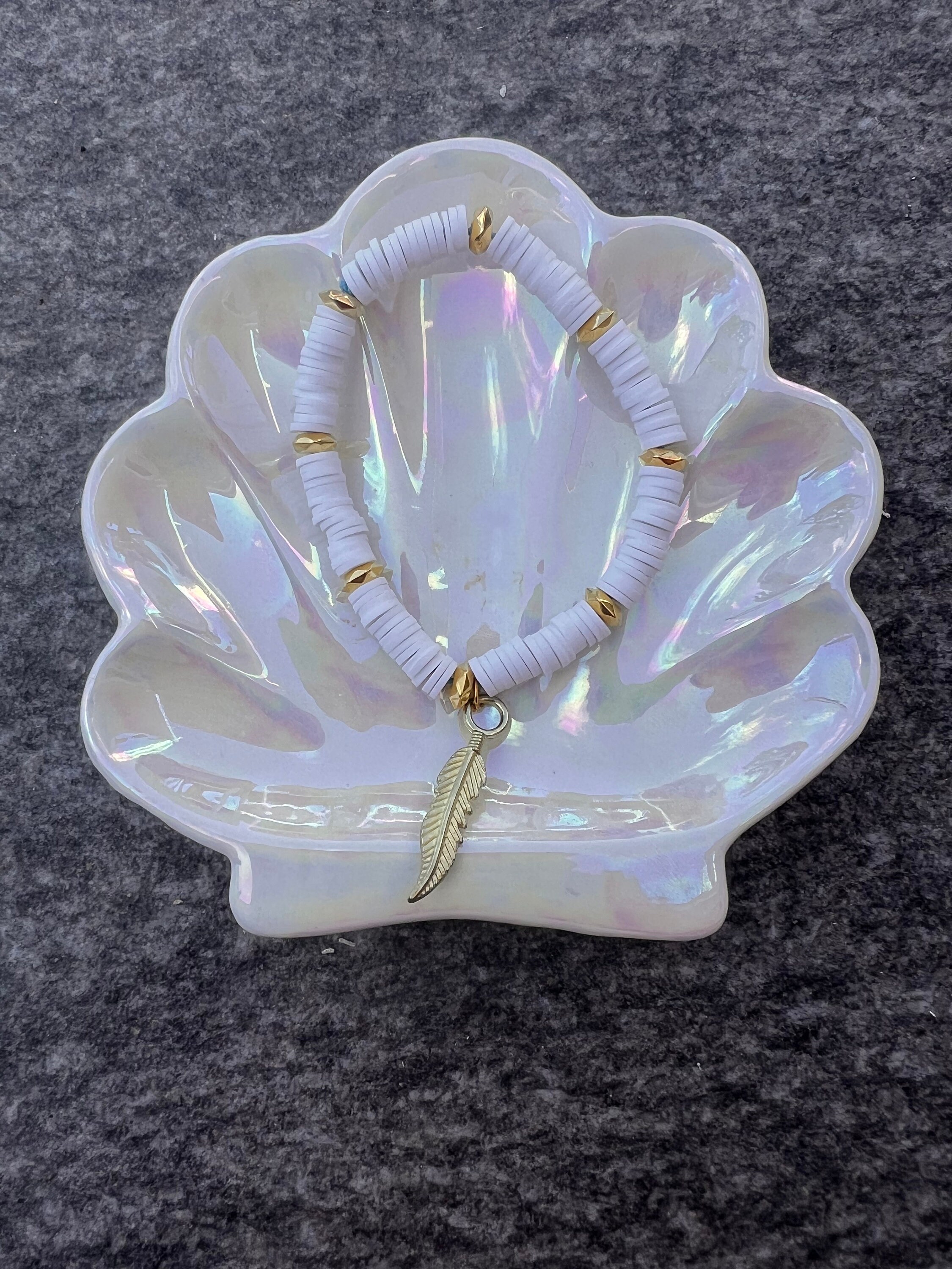 gold feather clay bead bracelet