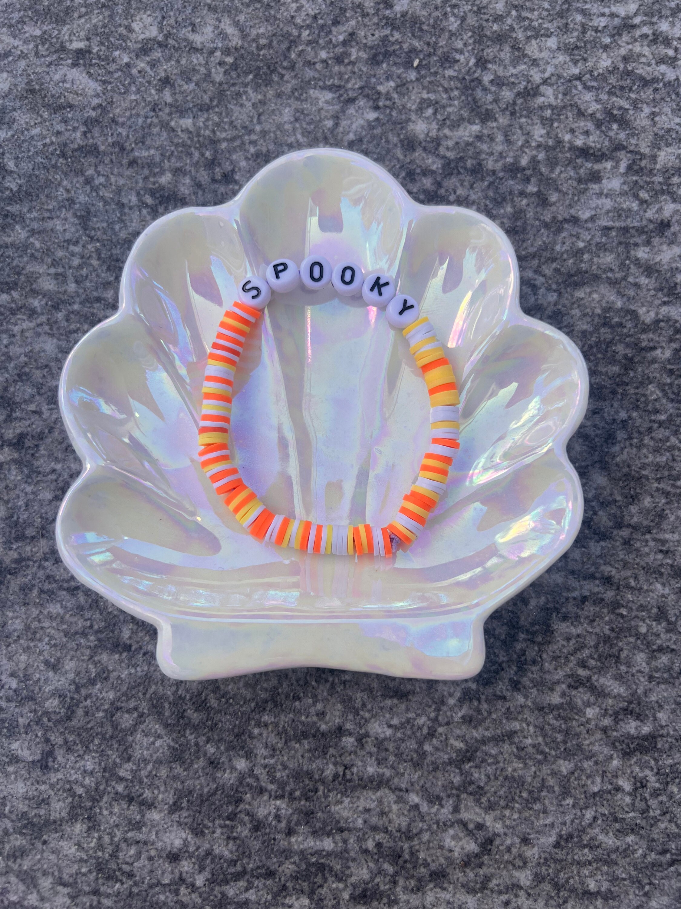 Spooky candy corn clay beaded bracelet